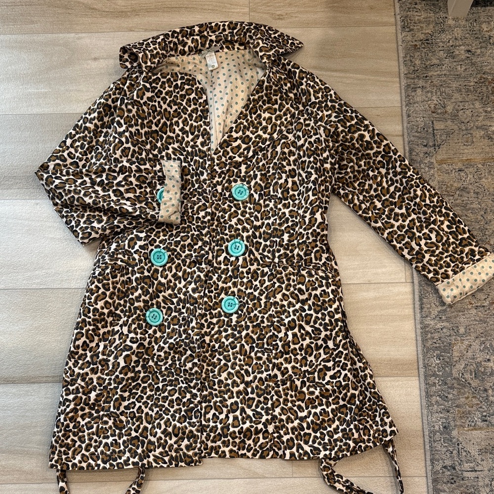 DownEast Leopard Print Trench Coat with Teal Buttons